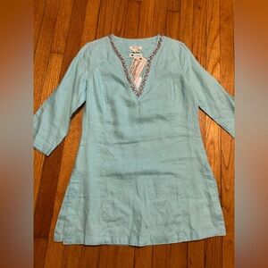 Malvin Hamburg-Germany Tunic Womens M Blue 100% Linen Embellished V-Neck